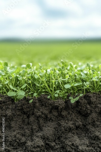 Vibrant Field of Lush Green Plants Under Clear Blue Sky, Showcasing Natures Beauty and Abundance in a Serene Outdoor Landscape