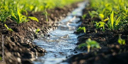 Water flows through a field of green plants.