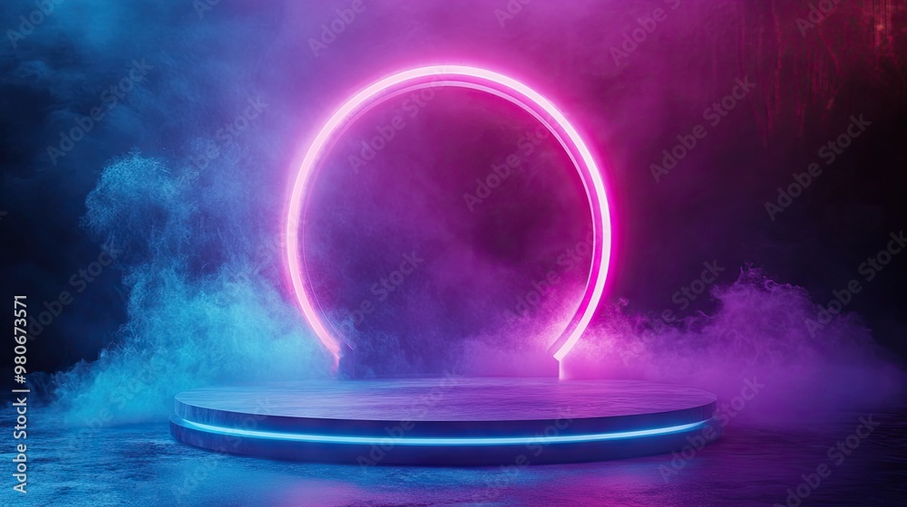 Obraz premium Abstract futuristic portal with a product stand, glowing with modern tech vibes, perfect for product displays and presentations.