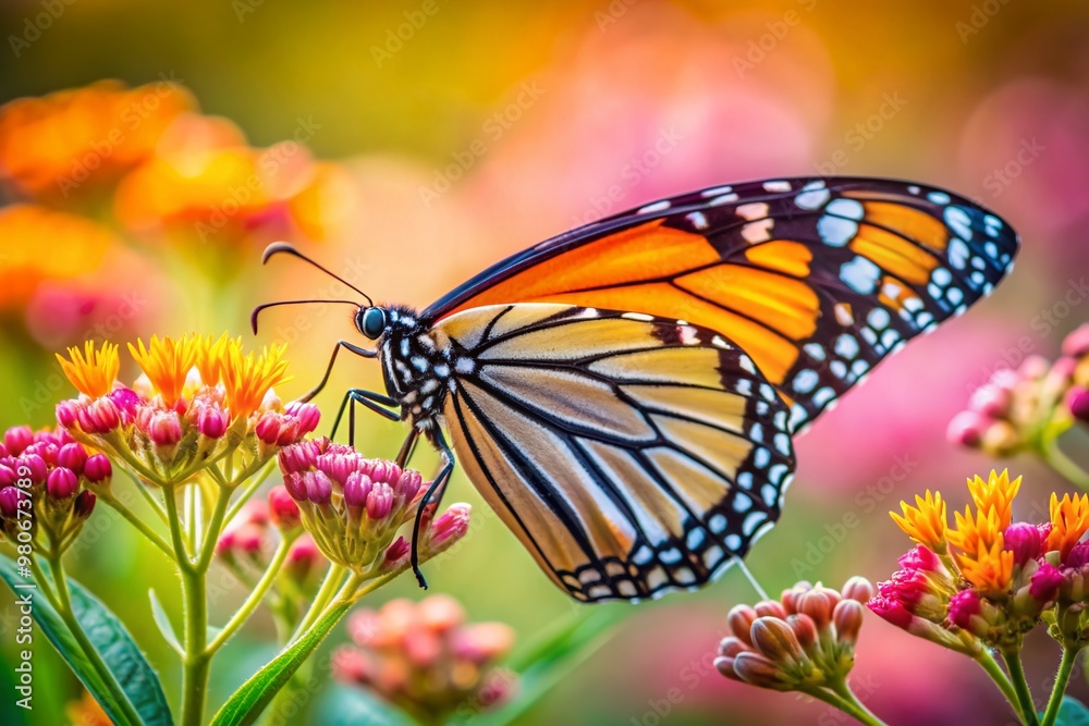 Fototapeta premium A colorful monarch butterfly feeding on a flower in a summer garden displays the colorful and delicate patterns of the wild.