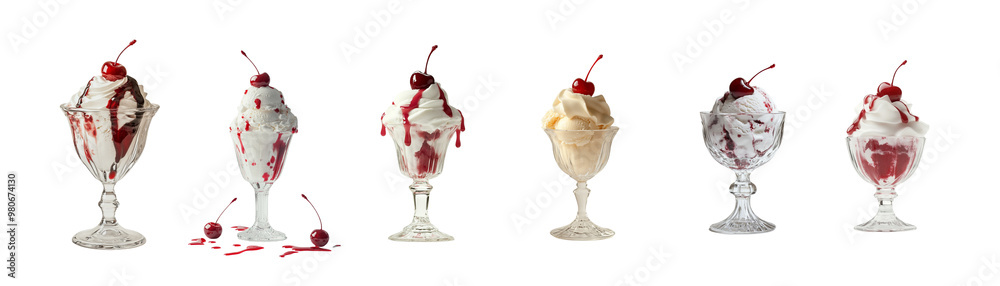 an ice cream with one small cherry on top, against a white background