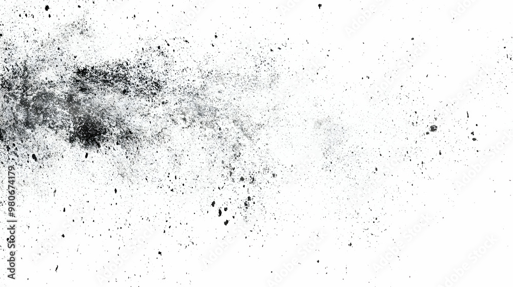 Obraz premium Abstract Black Dust Particles Scattered on White Background, Creating a Textured and Distressed Effect