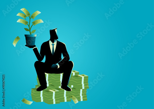 Businessman confidently sitting on a stack of money holding money plant, symbolizing wealth and financial success. Idea for investor, investment, compound interest