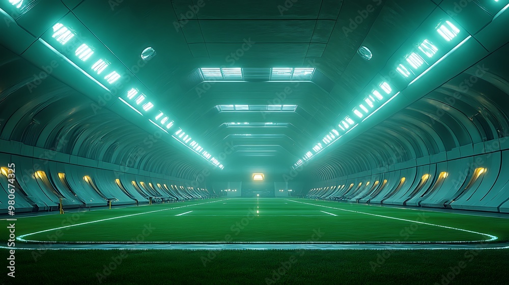 Futuristic indoor soccer field with neon lights. Futuristic indoor soccer field with neon lights.