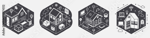 smart home design isometric house technology, home automation security connectivity themed template collection