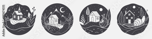 slow living lifestyle by four houses countryside at night presence snail themed template collection