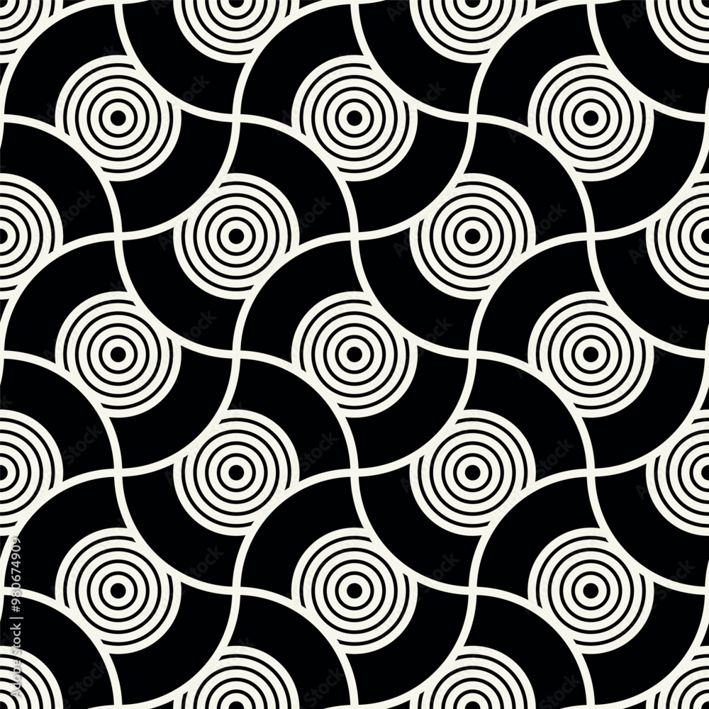 Naklejka premium Vector seamless pattern. Geometric bold striped circles. Stylish monochrome background. Simple repeating swatch. Monochrome black ornament with concentric elements.
