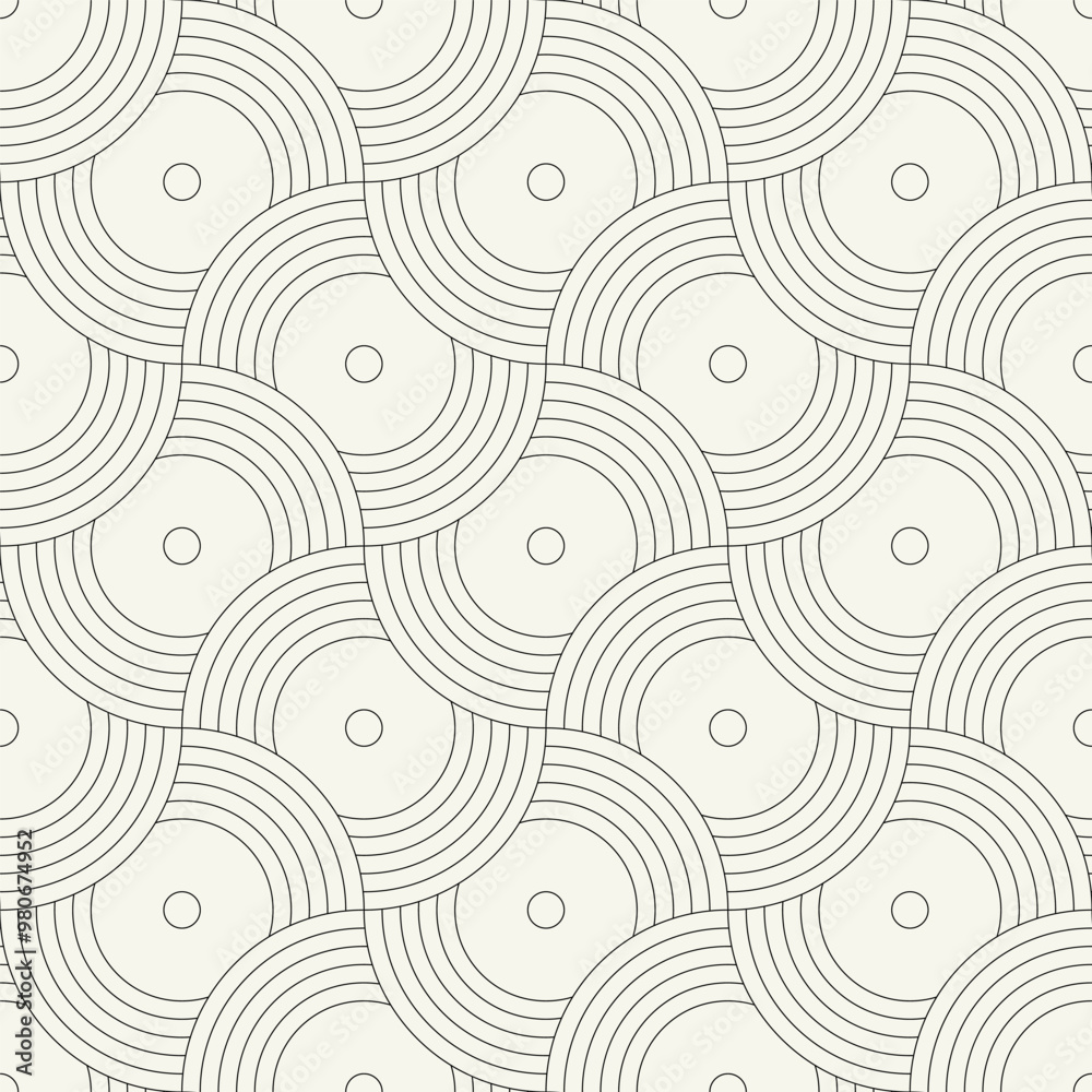 Vector seamless pattern. Geometric thin linear striped circles. Stylish monochrome background. Simple repeating swatch. Monochrome black ornament with concentric elements. Vector seamless pattern. Geometric thin linear striped circles. Stylish monochrome background. Simple repeating swatch. Monochrome black ornament with concentric elements.