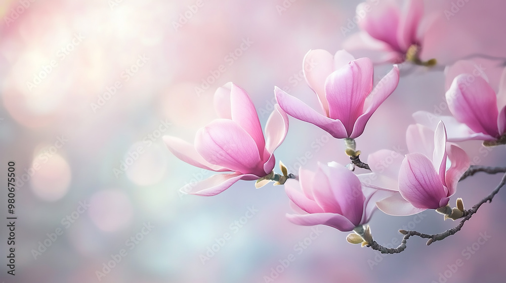 Fototapeta premium pink magnolia flowers Two pink flowers on a branch against a white background