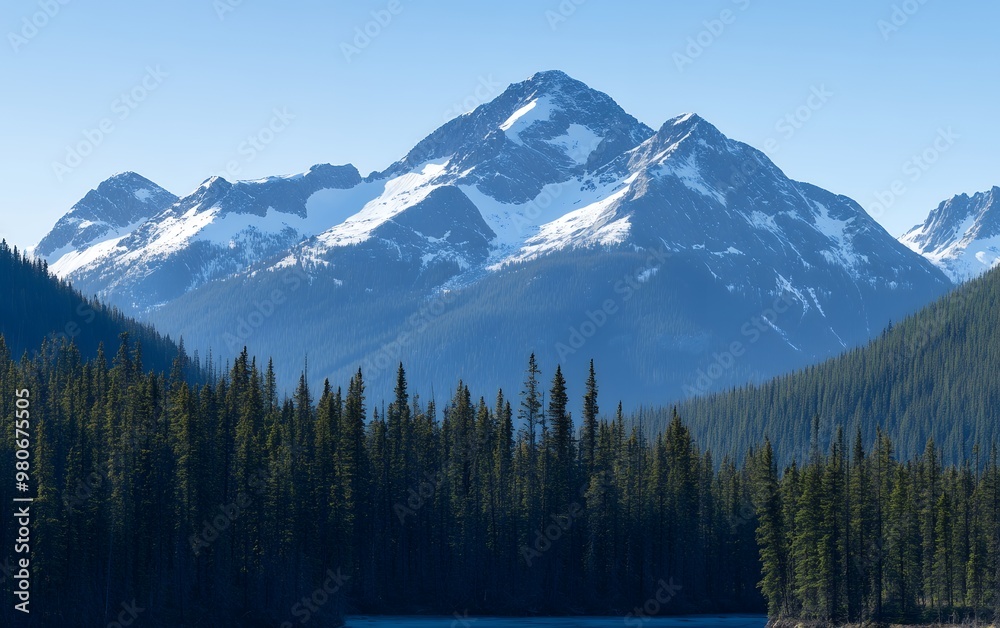 Snow-capped mountain peaks rise above a dense forest, a serene and majestic landscape under a clear blue sky. Snow-capped mountain peaks rise above a dense forest, a serene and majestic landscape under a clear blue sky.