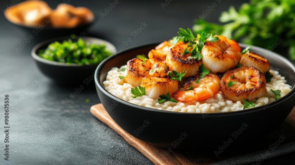Gourmet, steamy seafood risotto with juicy shrimp and scallops, topped with fresh herbs and a light parmesan drizzle, juicy food, creamy texture, rich flavors Gourmet, steamy seafood risotto with juicy shrimp and scallops, topped with fresh herbs and a light parmesan drizzle, juicy food, creamy texture, rich flavors