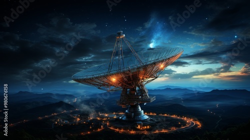 Satellite dish network reflects starlight in vast mountain landscape at twilight photo