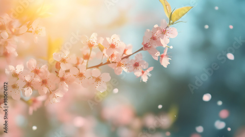 Oriental cherry blooming. Branch of sakura with white and rose flowers, beauty in nature, beautiful spring nature background