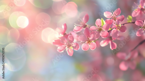 Cherry blossom branch with delicate pink flowers in springtime garden