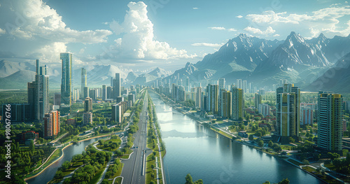 Future technology cities, with appropriate spacing between buildings, moderately green urban roads, smart buildings, unmanned streets, distant rail transit, mountains and water. Generative AI. #980676766