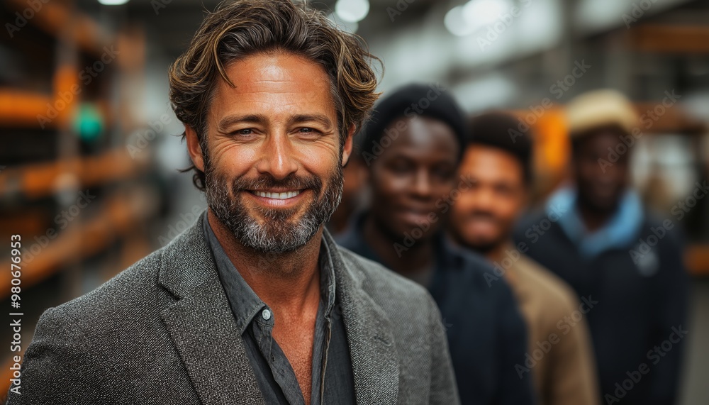 A man with a beard and a hat is smiling at the camera. He is surrounded by three other men, all of whom are smiling as well. Concept of camaraderie and happiness among the group A man with a beard and a hat is smiling at the camera. He is surrounded by three other men, all of whom are smiling as well. Concept of camaraderie and happiness among the group