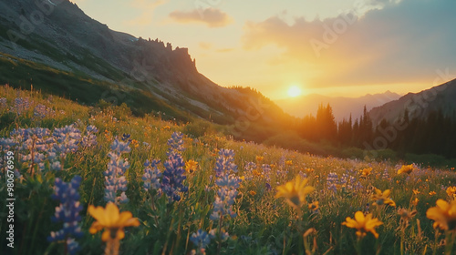  Meadow and golden sunset in carpathian mountains - beautiful summer landscape, spruces on hills, dark cloudy sky and bright sunlight