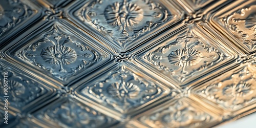 Ornate metallic ceiling tiles with floral patterns. photo