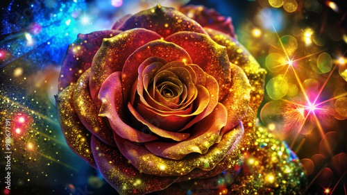 Vibrant Multicolored Rose Surrounded by Sparkling Glitter and Lights