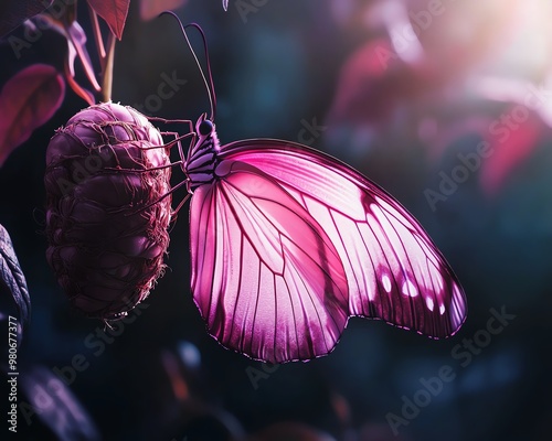 Pink butterfly emerging from its chrysalis with soft light shining down. photo