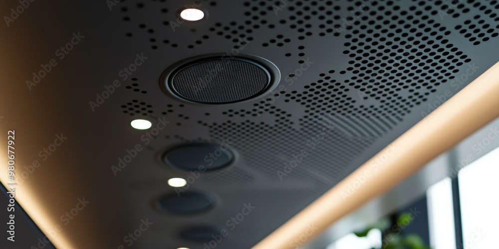 A speaker grille with lights and rounded buttons. A speaker grille with lights and rounded buttons.
