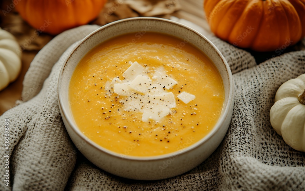 Creamy pumpkin soup topped with a dollop of butter and a sprinkle of pepper. A cozy autumnal meal. Creamy pumpkin soup topped with a dollop of butter and a sprinkle of pepper. A cozy autumnal meal.