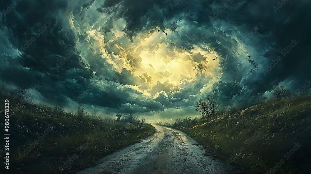 Naklejka premium Dramatic Storm Clouds Over Rural Path Celestial Cosmic Highways 
