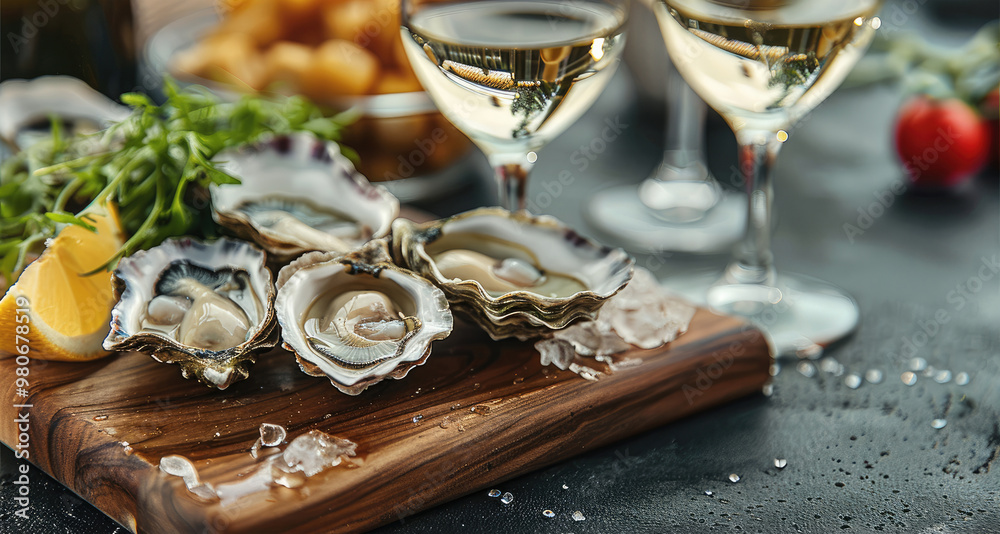 Fototapeta premium Close up Fresh oysters and white wine with vegetables on wooden board. Generative AI.