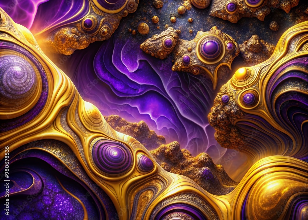 Vibrant purple and gold hues intertwine in a swirling abstract pattern, evoking a surreal rock formation that transcends reality, mesmerizing the viewer with its otherworldly beauty. Vibrant purple and gold hues intertwine in a swirling abstract pattern, evoking a surreal rock formation that transcends reality, mesmerizing the viewer with its otherworldly beauty.