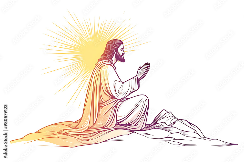 Illustration of Jesus Christ kneeling in prayer with a radiant sun halo behind him, symbolizing faith, spirituality, and devotion.
Illustration of Jesus Christ kneeling in prayer with a radiant sun halo behind him, symbolizing faith, spirituality, and devotion.