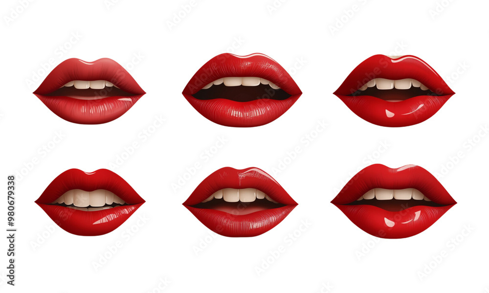 Set of realistic female lips with different expressions, including an open mouth and a smile, in a red color, isolated on a white background. Set of realistic female lips with different expressions, including an open mouth and a smile, in a red color, isolated on a white background.