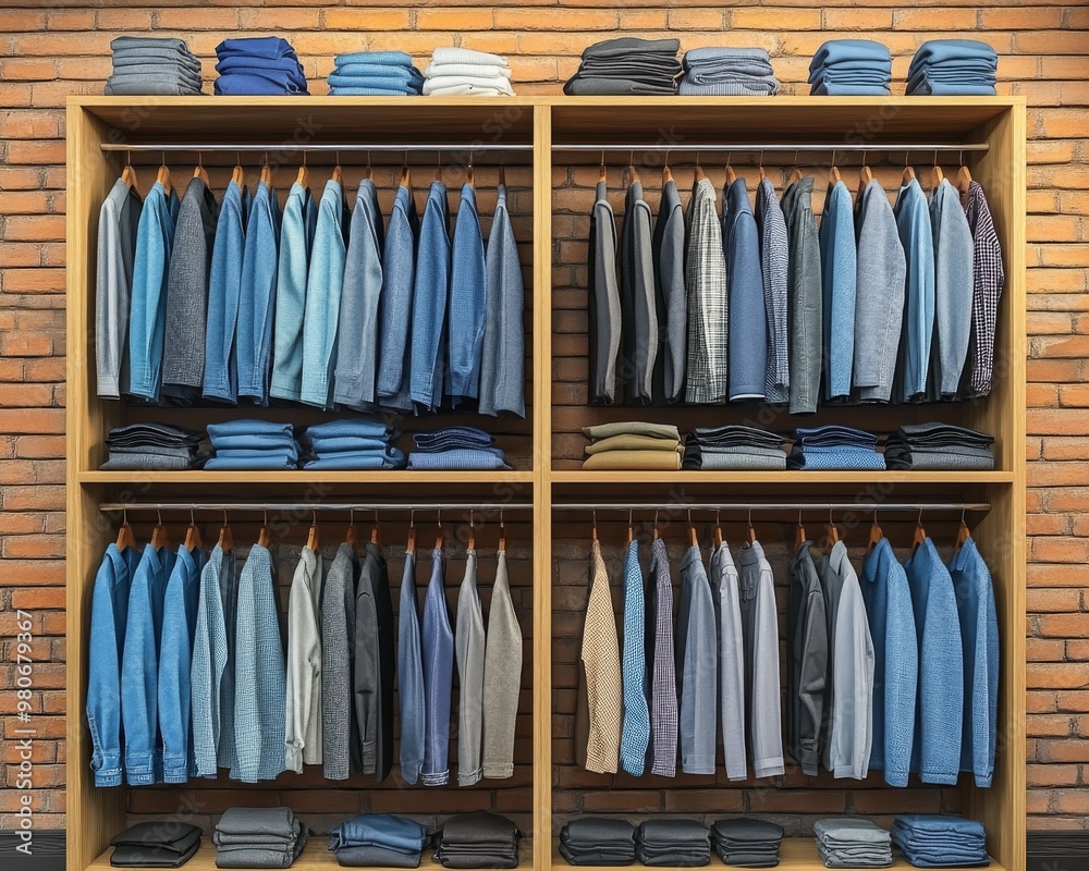 A well-organized closet with a variety of clothing hanging on hangers. A well-organized closet with a variety of clothing hanging on hangers.
