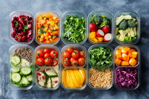 Assortment of healthy meal prep containers filled with fresh vegetables, grains, and fruit.