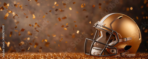 Golden football helmet and ball, with confetti falling in a stad photo