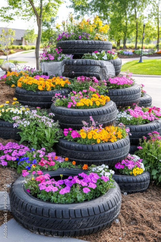 Colorful flowers bloom in a whimsical garden made from old tires. Colorful flowers bloom in a whimsical garden made from old tires.
