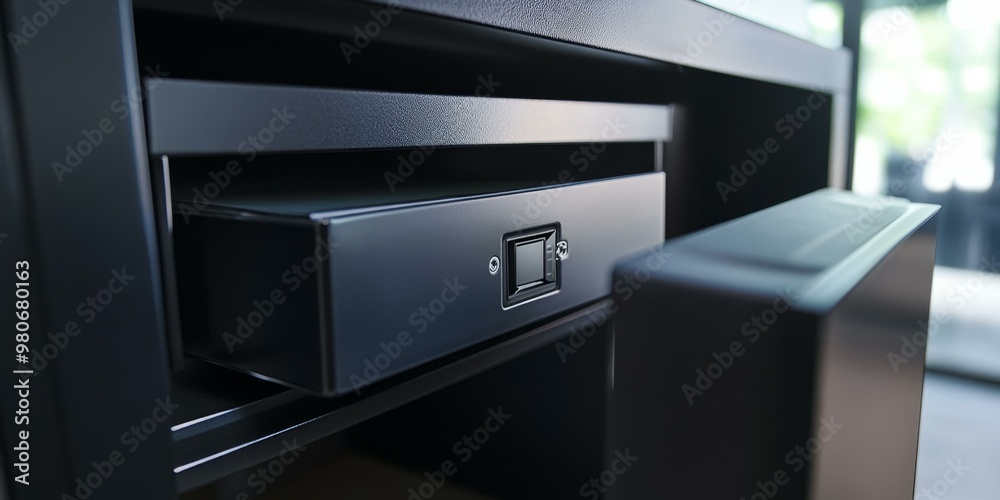 A black safe with a drawer open. A black safe with a drawer open.