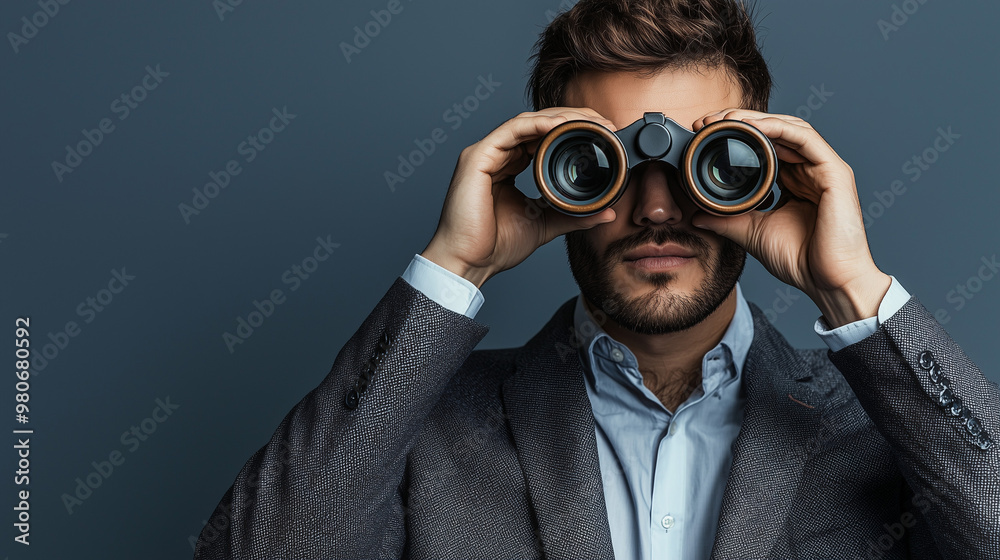 A businessman in a suit using binoculars, isolated on a simple background, business vision and mission concept A businessman in a suit using binoculars, isolated on a simple background, business vision and mission concept
