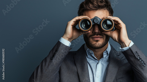 A businessman in a suit usi...