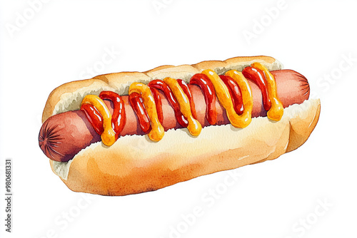 A watercolor illustration of single hotdog topped with ketchup and mustard, showcasing its deliciousness and inviting appearance. Perfect for food lovers!