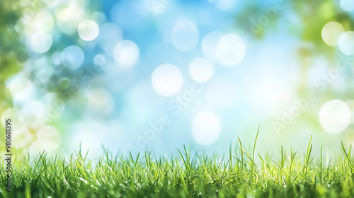 Artistic backdrop featuring soft focus and room for words  Vibrant spring field with lush green grass and clear blue sky