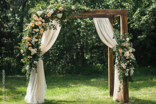 Elegant wooden wedding arch adorned with floral decorations, outdoor garden ceremony, wedding inspiration concept