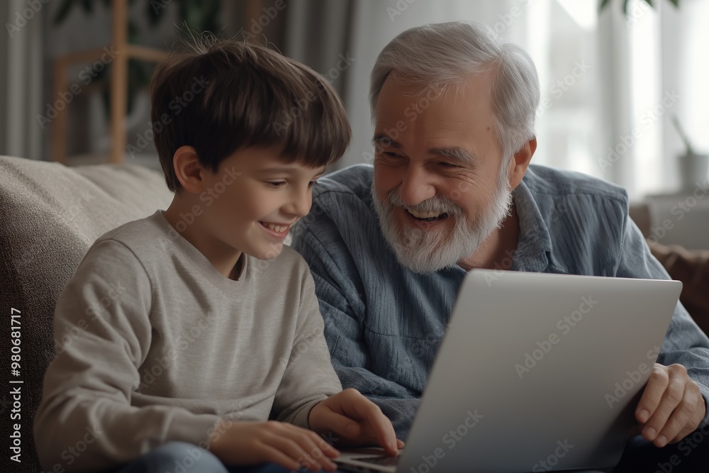 Grandfather and grandchild sharing moments on laptop, smiling, bonding, using technology, togetherness, happy family concept Grandfather and grandchild sharing moments on laptop, smiling, bonding, using technology, togetherness, happy family concept