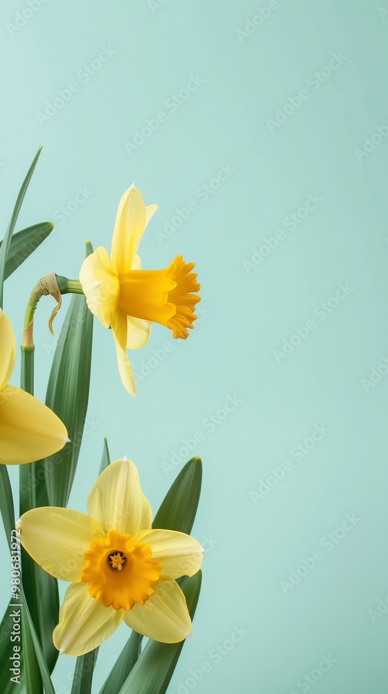 Daffodils flower with leaves beauty blooming petal story pastel background Daffodils flower with leaves beauty blooming petal story pastel background
