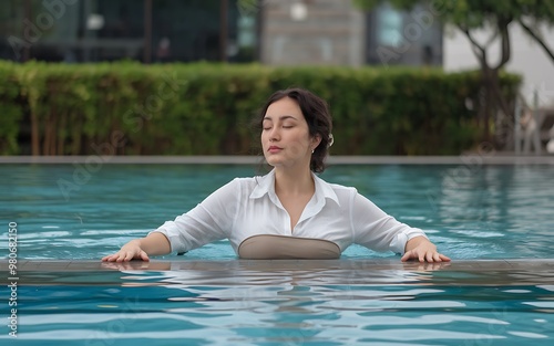 A young woman with closed eyes relaxes in a swimming pool while wearing a white shirt and a beige swimsuit. Generative-AI