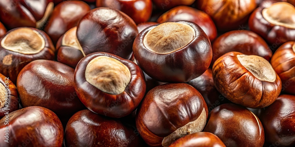 Dark brown buckeye nuts, varied in size and shape, catch the light with their sleek, dark surfaces, producing Dark brown buckeye nuts, varied in size and shape, catch the light with their sleek, dark surfaces, producing