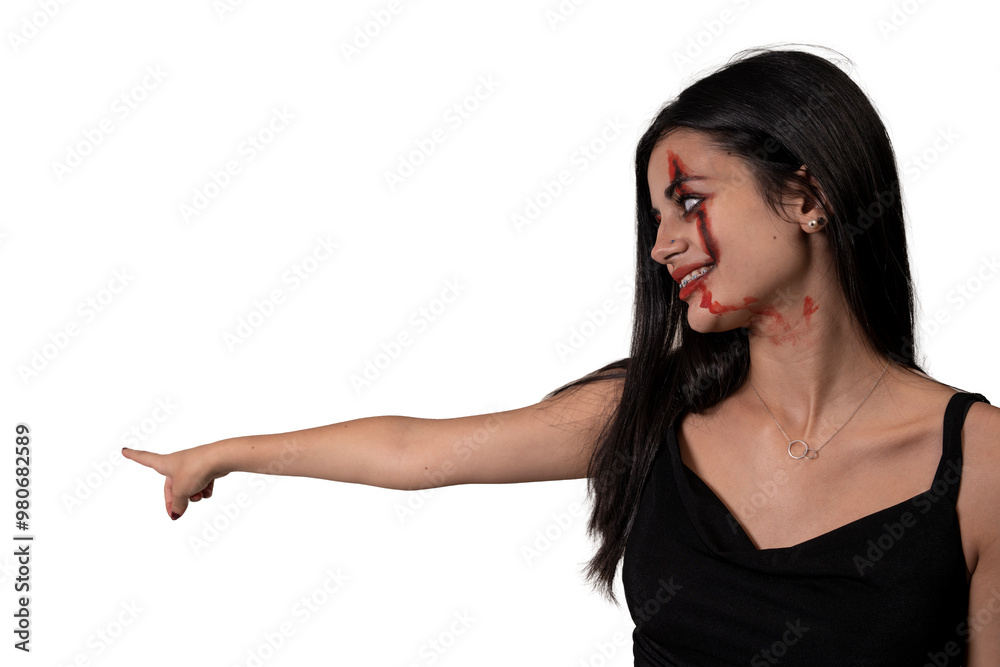 brunette halloween girl isolated pointing to the background brunette halloween girl isolated pointing to the background