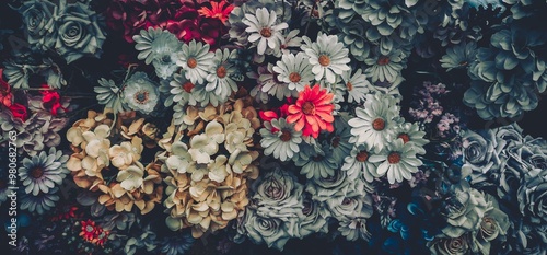 Tableau sur toile A vintage bouquet of artificial flowers in various colors.