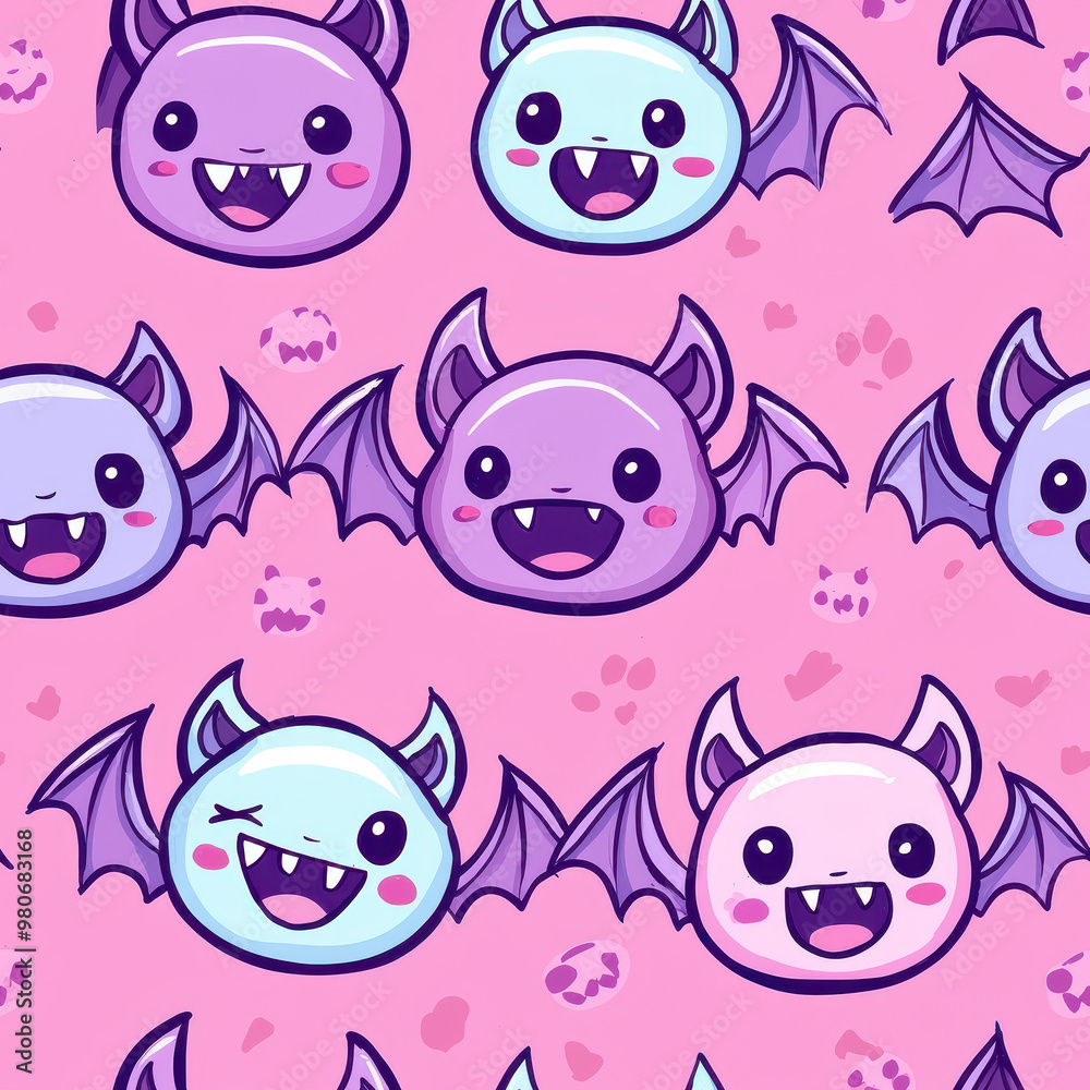 Baby Vampire, Pastel, Cute, Simple Repeating Pattern, With Anime Kawaii Smiley Style Faces. Pastel Color. Seamless Pattern
