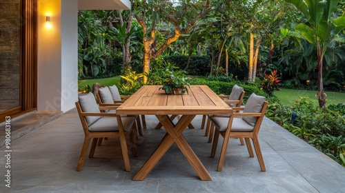 Stylish wooden dining table set in a beautiful garden, perfect for outdoor gatherings and adding elegance to any space.