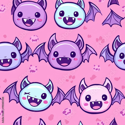 Obraz na płótnie Baby Vampire, Pastel, Cute, Simple Repeating Pattern, With Anime Kawaii Smiley Style Faces. Pastel Color. Seamless Pattern w salonie